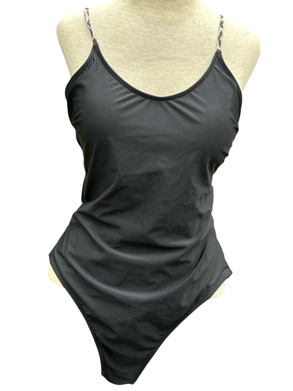 Black Womens one piece swim suit with Patterned back straps size XL